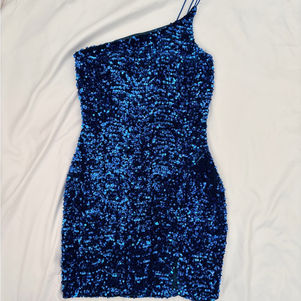 Crystal Doll Navy Sequin One-Shoulder Dress